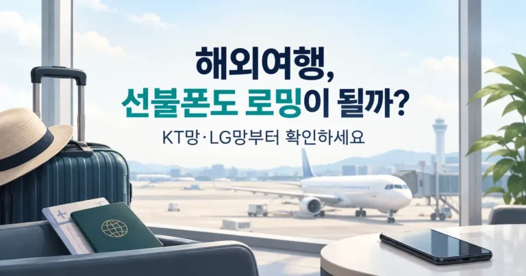 공항 창밖의 비행기와 여행 가방, 여권, 스마트폰을 배경으로 선불폰 해외 로밍과 KT망·LG망 확인을 안내하는 이미지