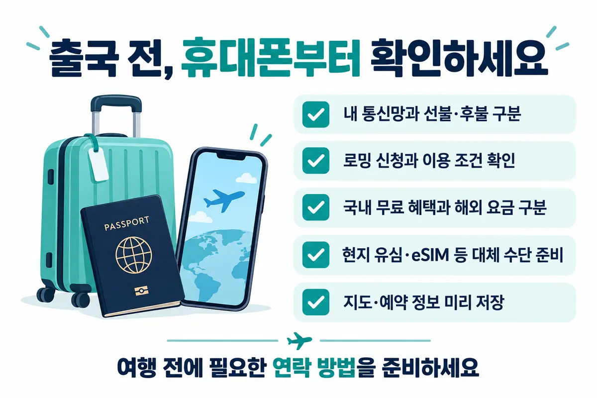 출국 전 통신망과 선불·후불 구분, 로밍 조건, 해외 요금, 대체 통신 수단, 지도와 예약 정보 저장을 확인하는 체크리스트